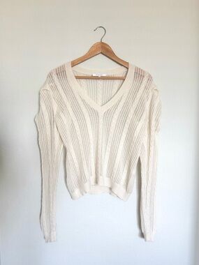 Frame Pointelle Cable Knit Puff Shoulder Cashmere Sweater M medium Off White